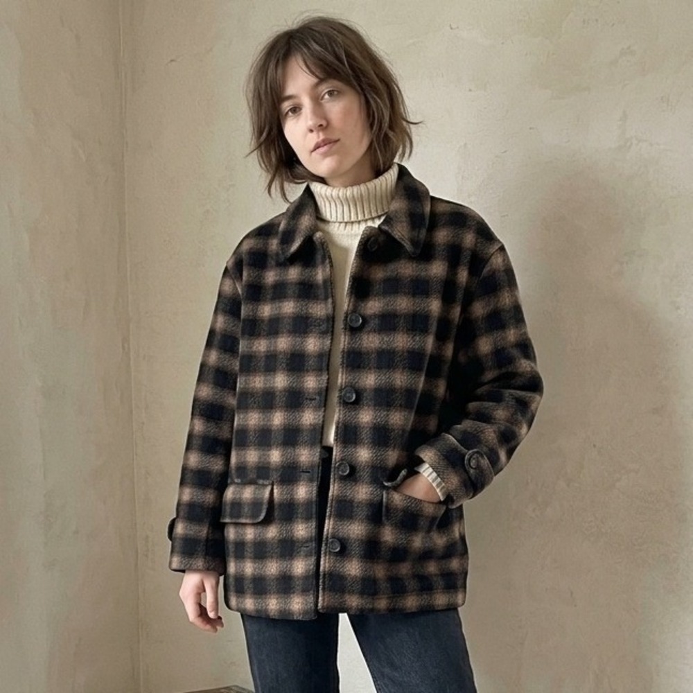 Vintage 90s J.Crew Womens Coat Medium Brown Plaid Wool Blend Quilted Cabincore